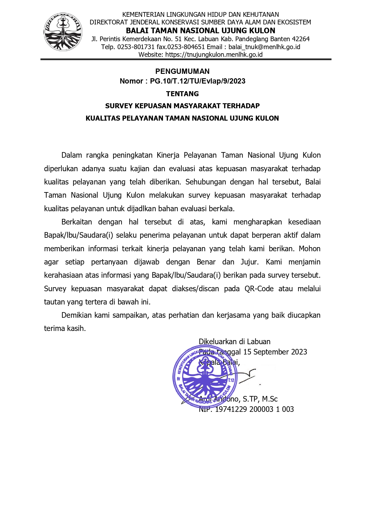 PG. 10 Pengumuman Survey Kepuasan Masyarakat Terhadap Kualitas Pelayanan TN Ujung Kulon_page-0001.jpg